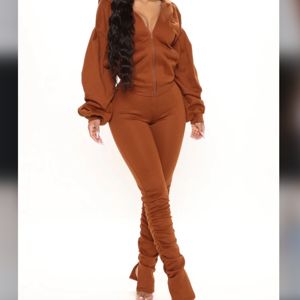 Fashion Nova Rust Brown Zip Hoodie with open back & Ruched Leggings Set NWOT